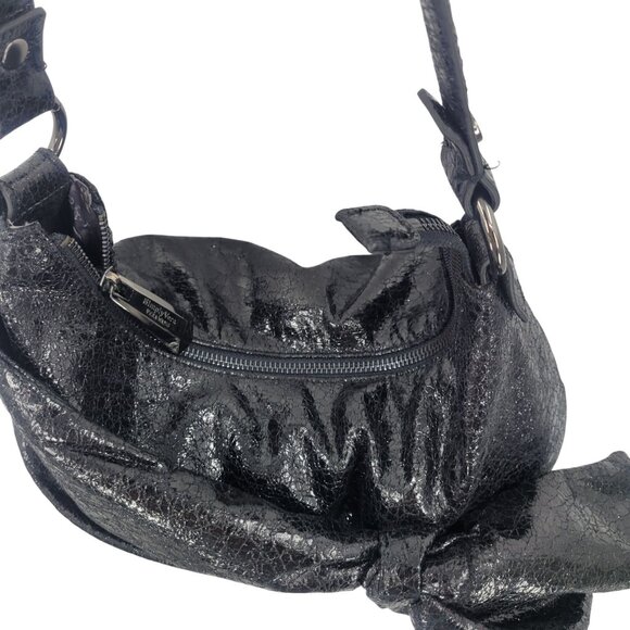 Simply Vera Liquid Black Bow Shoulder Bag Vegan Faux Leather Artsy‎ Biker Goth - Picture 7 of 14